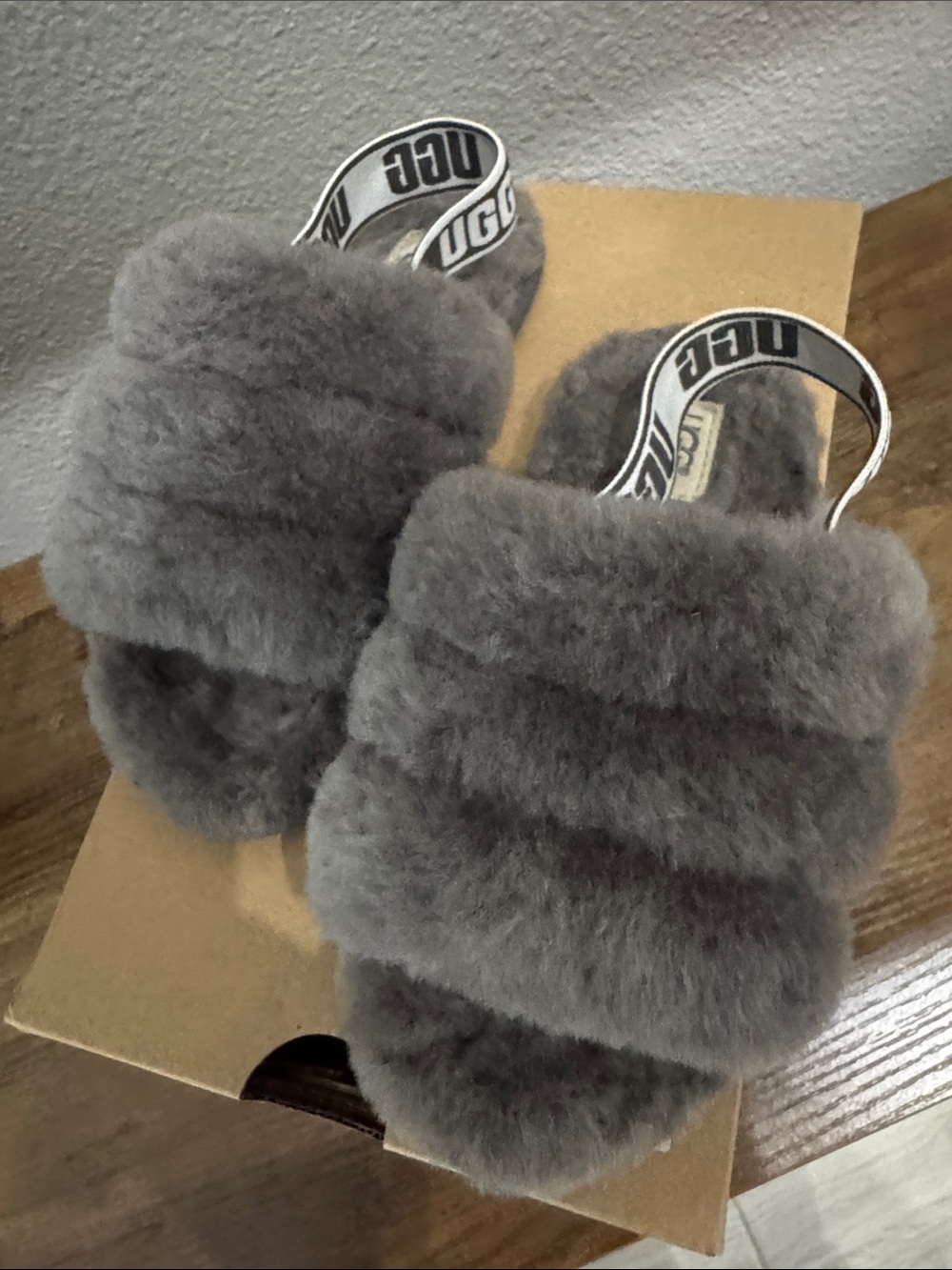 UGG Gray Shearling Slide with Branded Elastic Heel Strap